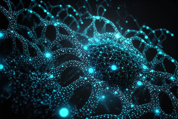 Intricate web of glowing dots and thin, shimmering lines streches out across a field of deep black. Plexus tech background. Designes using generative ai.