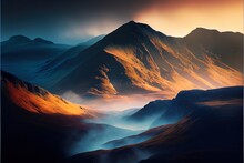 Sunset Over The Mountains With Fog