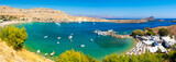 Fototapeta  - blue bay in Lindos on Rhodes island in Greece