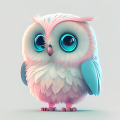 Generative AI: cute owl in light blue and pink pastels isolated
