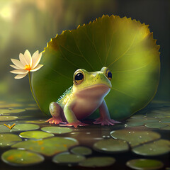 Wall Mural - generative ai: cute little frog on a waterlilly in a lake