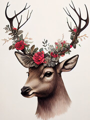 Wall Mural - Generative AI: cute deer with flowers on its horns