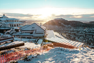 Canvas Print - Bergen Winter Aerial Panoramic View from Mount Floyen Viewpoint. Bergen, Hordaland, Norway. UNESCO World Heritage Site.