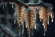  Icicles Hanging From A Tree Branch With Snow On Them And Icicles Hanging From The Branches Of The Tree, With A Dark Background Of Snow - Covered Branches And Snow - Covered With Icicles.