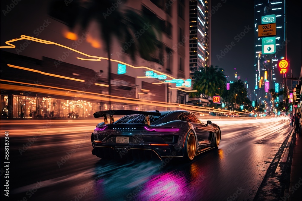 a sports car driving down a city street at night with neon lights on ...
