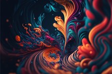  An Abstract Painting Of A Swirly Pattern In Blue, Orange, And Red Colors On A Black Background With A Black Background And A White Border Around The Image Of A Black Area For The Bottom Corner.