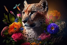  A Painting Of A Leopard Surrounded By Colorful Flowers And A Butterfly On A Black Background With A Butterfly On The Top Of The Head Of The Leopard's Head, And The Image Is Surrounded By A.