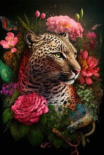  A Painting Of A Leopard Surrounded By Flowers And A Lizard On A Black Background With Butterflies And Flowers On The Bottom Half Of The Image, And The Head  Generative AI