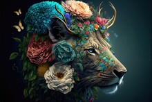  A Painting Of A Lion With Flowers On Its Head And A Butterfly On Its Back, And A Butterfly On Its Head, With A Dark Background Of Flowers And Butterflies, And Butterflies,.
