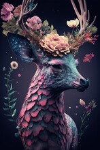  A Painting Of A Deer With Flowers On Its Antlers And A Flower Crown On Its Head, With A Dark Background And A Pink Flower Arrangement In The Center Of The Antlers Of The Antlers.
