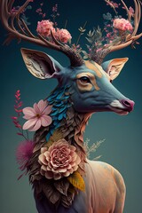  a painting of a deer with flowers on its antlers and antlers on its head, with a blue background and pink flowers on its antlers and antlers on its antlers. generative ai