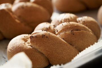 Wall Mural - Baked braided bread buns made from whole grain spelt flour on a baking sheet