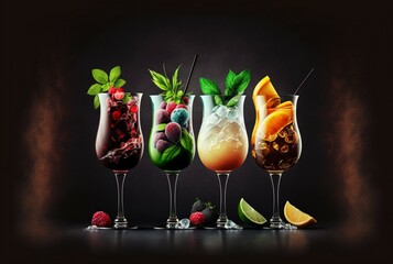 illustration, different cocktails prepared with fruits, 3D illustration