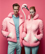 © Uncanny Valley - Abstract pink portrait of a modern fashion half human half flamingo bird. Bird, man and woman in vintage suit. Minimal pastel soft colors. Illustration. Generative AI.