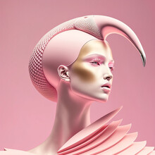 Abstract Pink Portrait Of A Modern Fashion Girl Symbolizing A Bird, Graceful And Elegant. Minimal Pastel Soft Colors. Illustration. Generative AI.