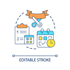 Sticker - Schedule opening date concept icon. Company growth management. Planning business event abstract idea thin line illustration. Isolated outline drawing. Editable stroke. Arial font used