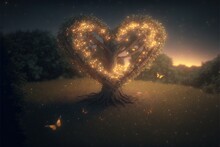  A Heart Shaped Tree With Lights In The Shape Of A Tree With A Butterfly Flying Around It In A Field At Night With A Butterfly Flying Around The Tree And The Heart Shaped By The.