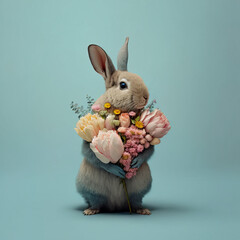 cute little white easter bunny covered with pastel fresh spring flowers. little rabbit. pastel blue 