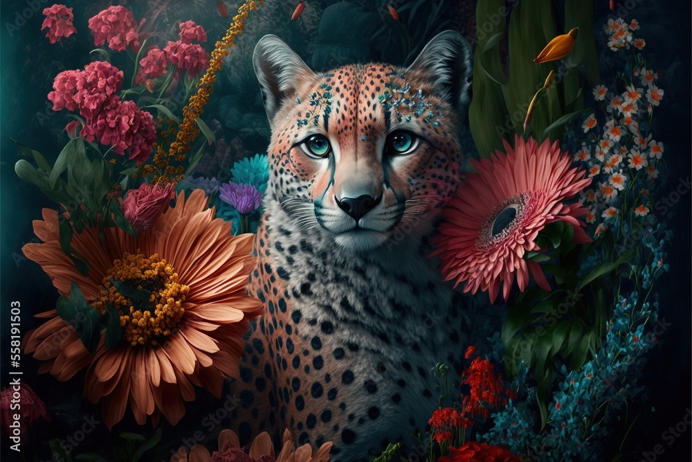 a painting of a cheetah surrounded by flowers and plants, with a blue ...