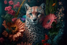  A Painting Of A Cheetah Surrounded By Flowers And Plants, With A Blue Eye And A Black Background, Is Featured In The Image Of A Leopard's Face And The Background. Generative AI