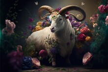  A Painting Of A Goat Surrounded By Flowers And A Butterfly On A Dark Background With A Butterfly In The Sky Above The Goat's Head And A Butterfly In The Foreground Of The Image.