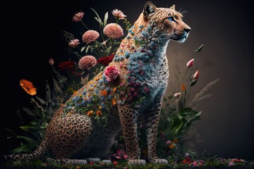 Wall Mural -  a painting of a cheetah surrounded by flowers and plants on a black background with a black background behind it is a picture of a cheetah cheetah sitting on a flower. Generative AI