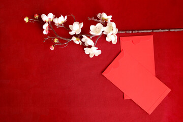 Wall Mural - Chinese New Year, red envelope with blooming plum blossom flower branch on red background, lucky item oriental with space copy