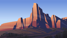 Desert Landscape At Sunset With Vegetation And Mountains. Vector Illustration