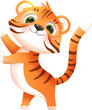 Happy baby tiger dancing or showing. Cute animal cartoon for children, childish smiling tiger character for kids. Funny animal mascot illustration. Vector clip art drawing in 3d style.
