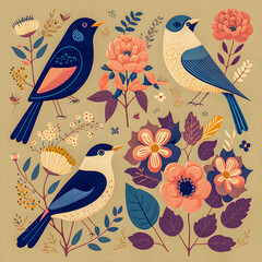 Wall Mural - Birds and flowers flat pattern illustartion, colourful, retro, granular texture