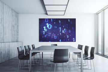 Aufkleber - Creative abstract binary code hologram on presentation tv screen in a modern meeting room. Database and programming concept. 3D Rendering