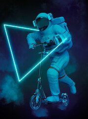 Wall Mural - astronaut is riding a scooter on white background rear view