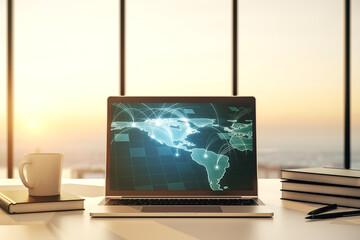 Poster - Abstract digital world map with connections on modern computer monitor, big data and blockchain concept. 3D Rendering