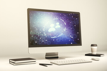 Aufkleber - Creative abstract people icons sketch on modern laptop monitor, life and real estate insurance online concept. 3D Rendering