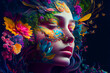 © EwaStudio - Beautiful woman surreal portrait with flowers and butterflies.  Generative AI.