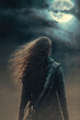Woman in leather jacket, long hair blowing in wind, walking away with back turned, in front of a full moon and stormy clouds.