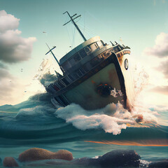 Wall Mural - Ship wreck, wreck of ship on open oceans with waves, generative ai