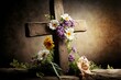 Easter Sunday service with a cross and flowers