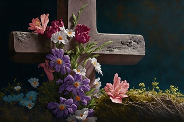 Wall Mural - Easter Sunday service with a cross and flowers