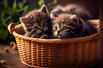 Sticker - Small cats kittens in basket.  Generative AI.