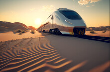 Beautiful High Speed Train In Desert At Sunset In Summer. Generative AI. Modern Intercity Passenger Train, Sand, Blue Sky With Clouds. Railway Tourism. Railroad. Commercial Transportation. Art