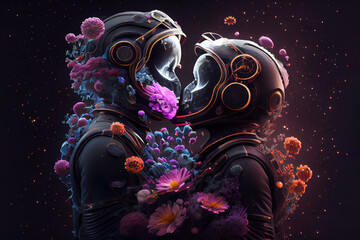 Abstract artwork of the Astronauts in Space full of flowers Hugging. Love in Space Travel Concept. Generative AI.