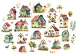Cute cartoon farm houses collection, village, rural buildings, watercolor digital illustration
