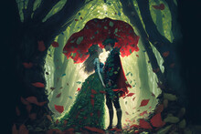 Amazing Abstract Artwork Of The Couple Hugging On A Fantasy Forest Road From A Cave Perspective. Love And Relationship Concept. Generative AI.