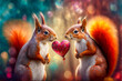 Zwei verliebte Eichhörnchen mit Herzluftballon. Verliebte Tiere zu Valentinstag