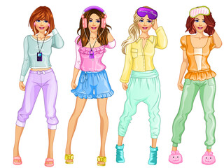 Pyjama Party Theme Set of Cute Girly Cartoon Characters. Vector Illustration