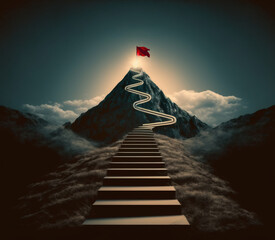 Sticker - Path to success with flag on top of mountain and path leading to it, Generative AI illustration