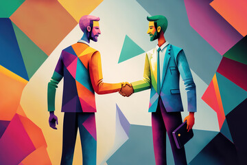colorful business agreement concept, with two men shaking hands, generative ai illustration