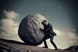 Sisyphus concept with businessperson pushing huge rock up the hill, Generative AI illustration