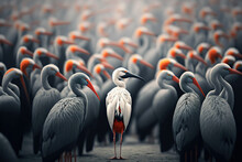 Standing Out From The Crowd , White Bird Standing Between Man Gray Birds, Generative AI Illustration